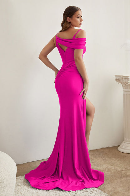 Assymetrical V-neck Glittery Bodice Stretch Satin Long Prom Dress CDCD881-0