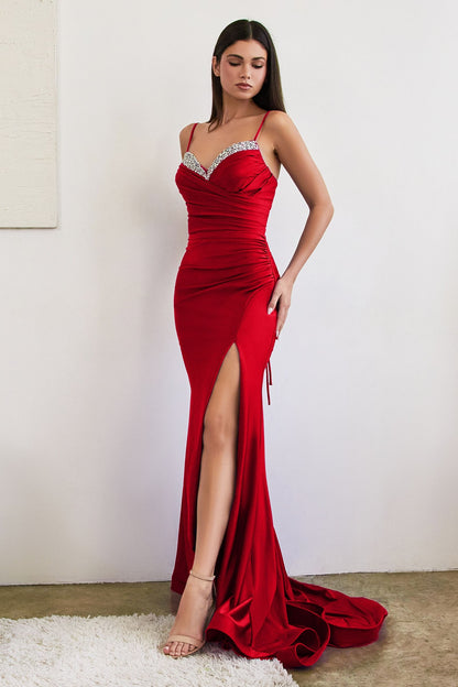 Royal Blue,Black,Red  Satin Gown with Rhinestone Straps – Ruched Sweetheart Slit Formal Dress CDCD888-4