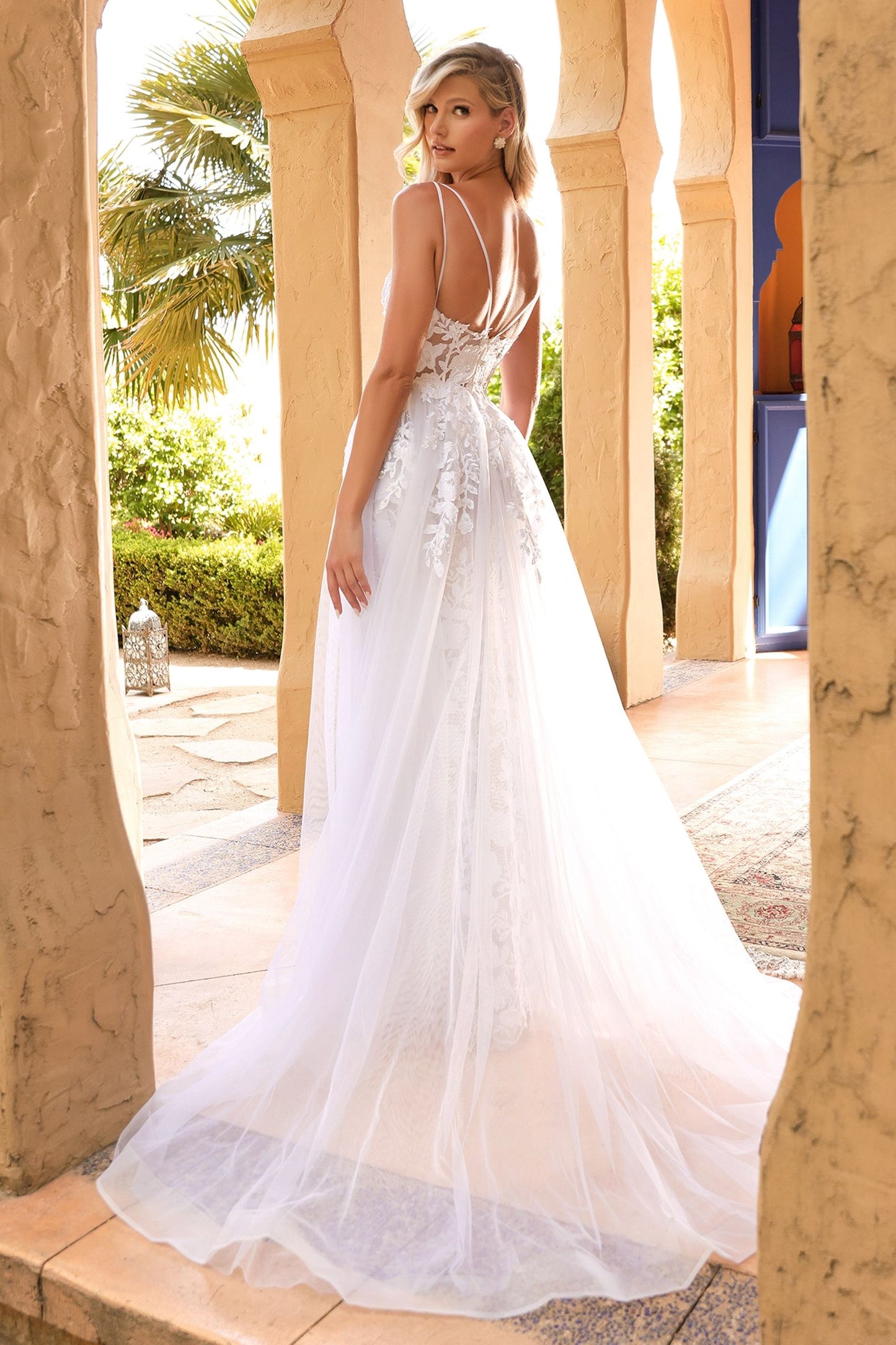 White | Sheer Lace Appliqué Wedding Gown with Spaghetti Straps & Tulle Overskirt  CDCD931W-2