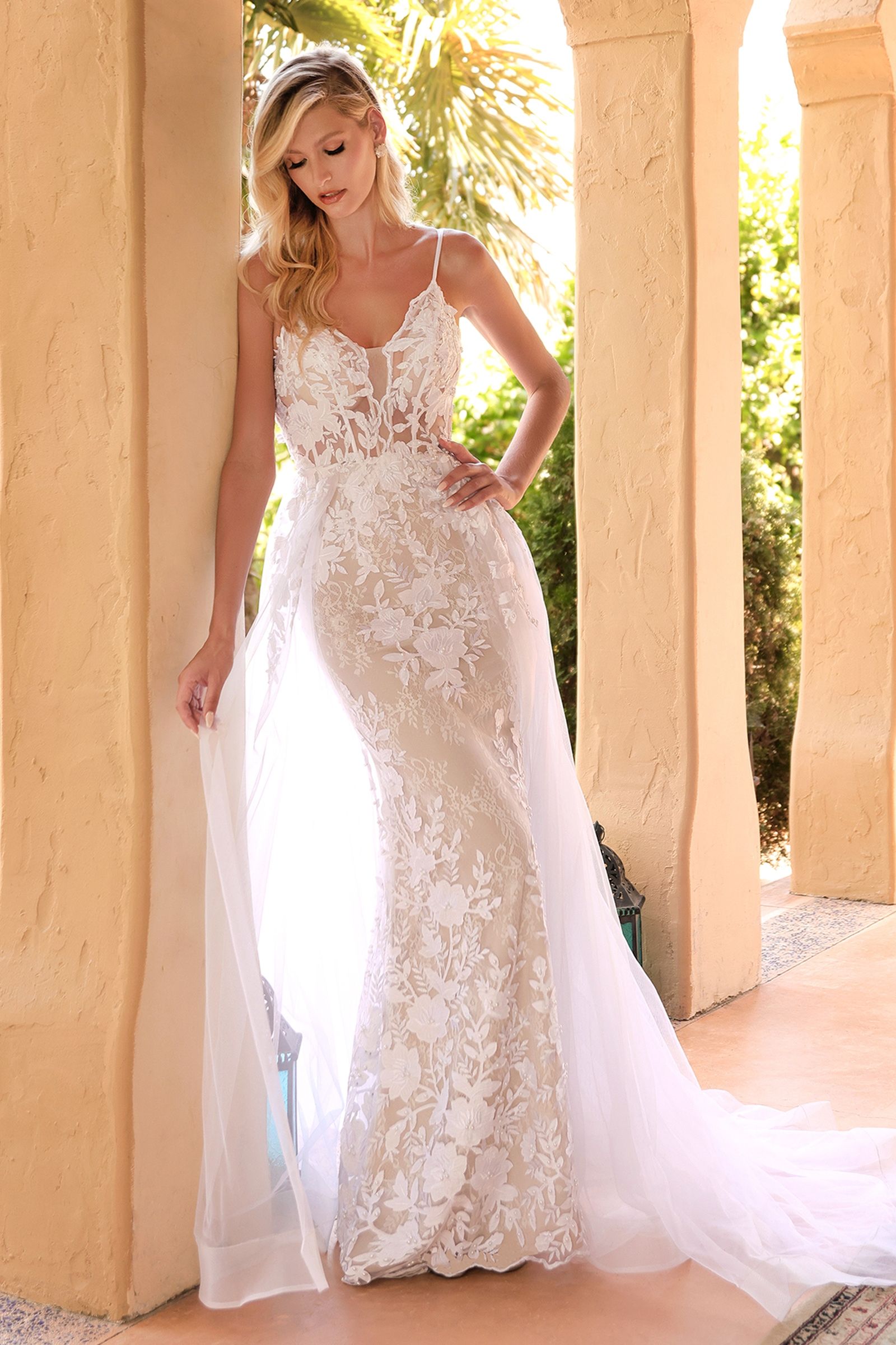 White | Sheer Lace Appliqué Wedding Gown with Spaghetti Straps & Tulle Overskirt  CDCD931W-3