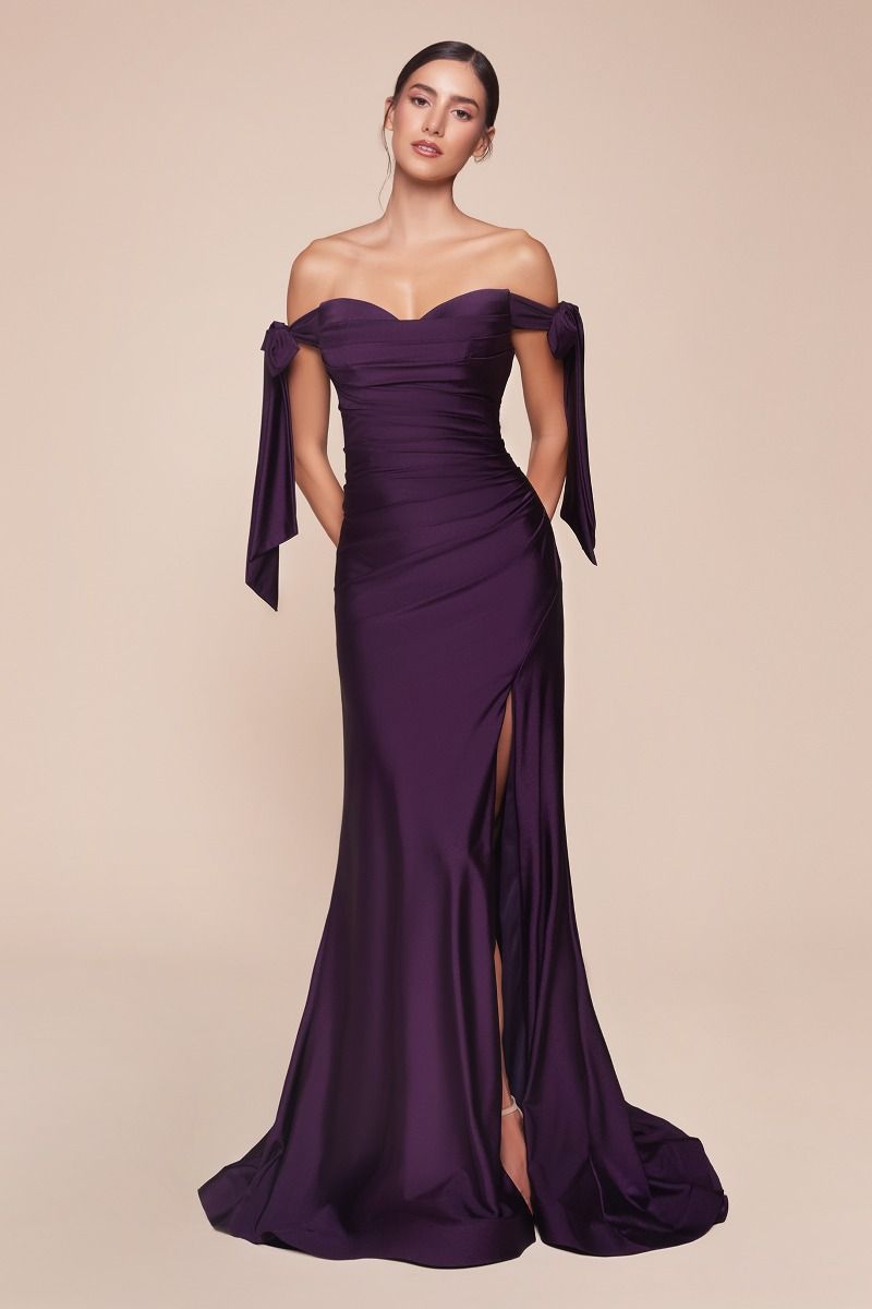 Plus Size Off-Shoulder Ruched Satin Gown with Slit – Curve-Hugging Elegance CDCD943C-6
