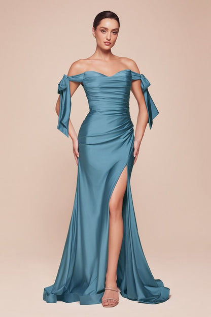 Stretch Jersey Gathered Off or On Shoulder Bodice Leg Slit Long Prom & Bridesmaid Dress CDCD943-11