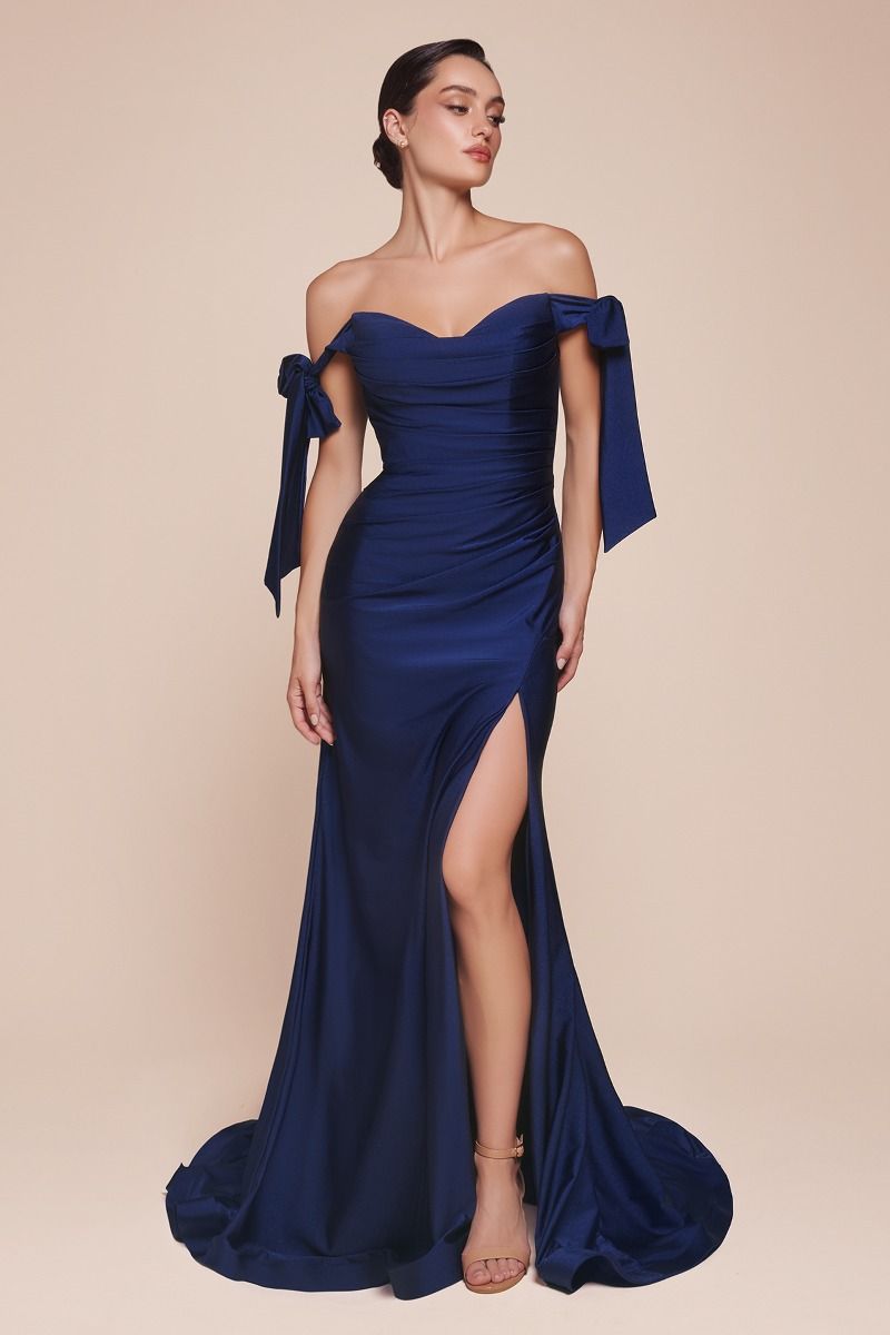 Stretch Jersey Gathered Off or On Shoulder Bodice Leg Slit Long Prom & Bridesmaid Dress CDCD943-13