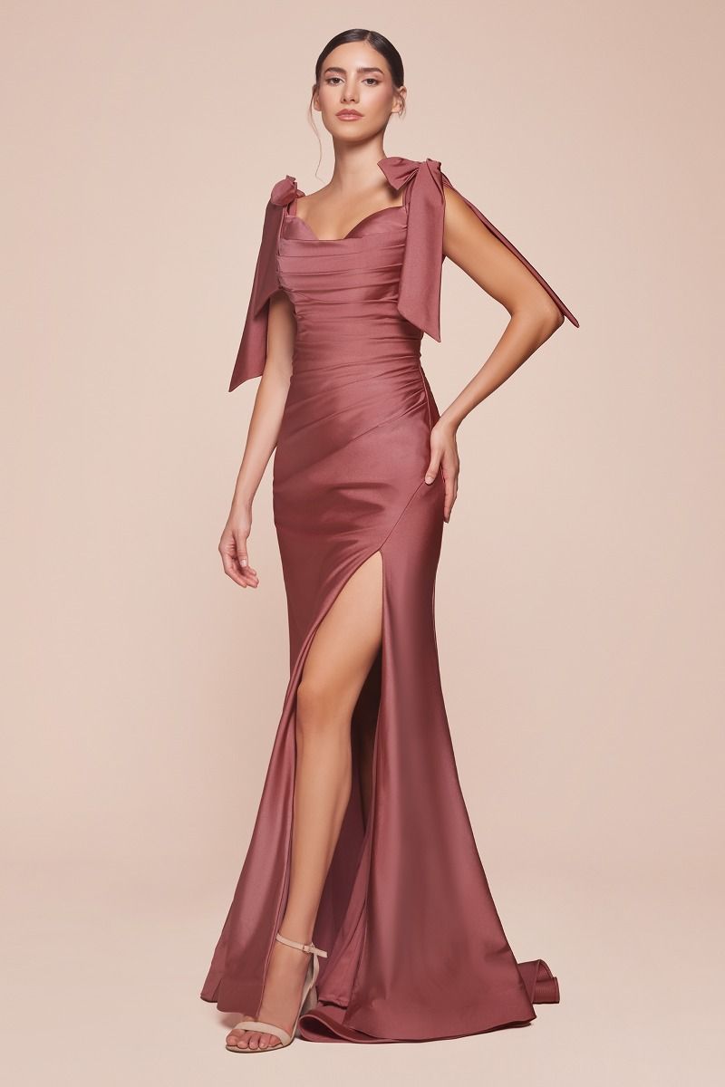 Stretch Jersey Gathered Off or On Shoulder Bodice Leg Slit Long Prom & Bridesmaid Dress CDCD943-15