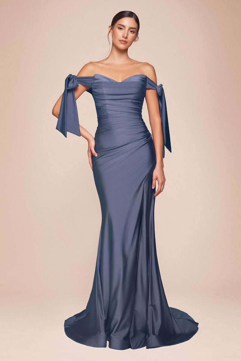 Stretch Jersey Gathered Off or On Shoulder Bodice Leg Slit Long Prom & Bridesmaid Dress CDCD943-16