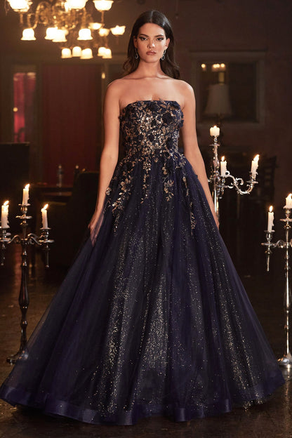 Strapless Glitter Sequin Tulle A-line Detachable Floral Shawl Embellished Long Prom & Ball Dress CDCD955