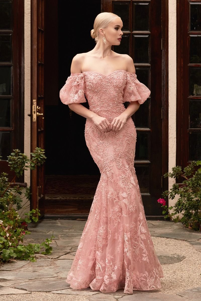 Off Shoulder Mermaid Embellished Flowers Mid Back Short Puff Sleeves Long Prom & Bridesmaid Dress CDCD959