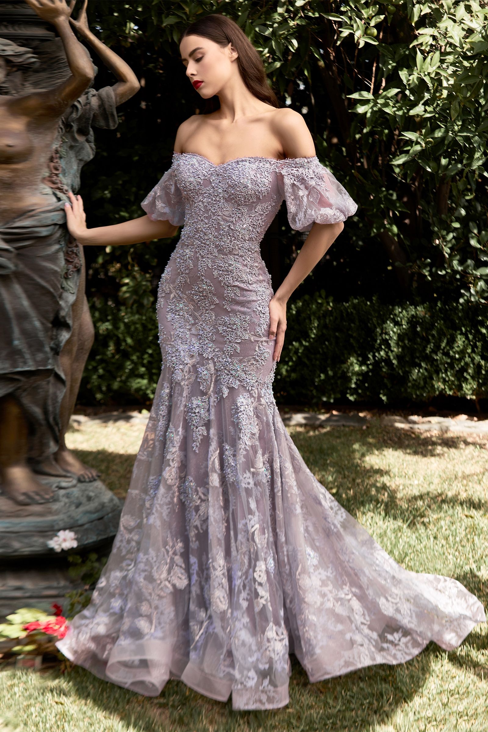 Off Shoulder Mermaid Embellished Flowers Mid Back Short Puff Sleeves Long Prom & Bridesmaid Dress CDCD959