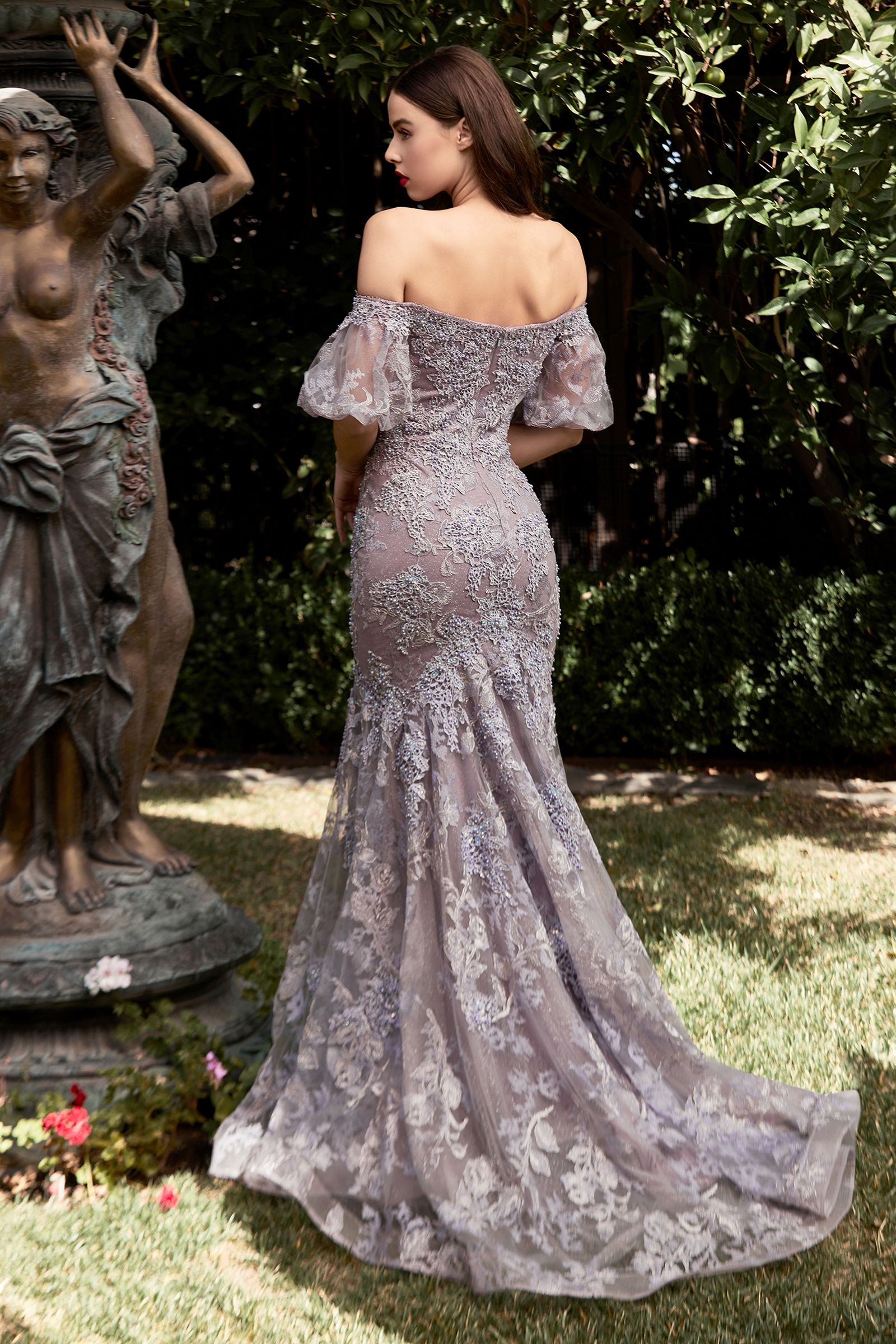 Off Shoulder Mermaid Embellished Flowers Mid Back Short Puff Sleeves Long Prom & Bridesmaid Dress CDCD959