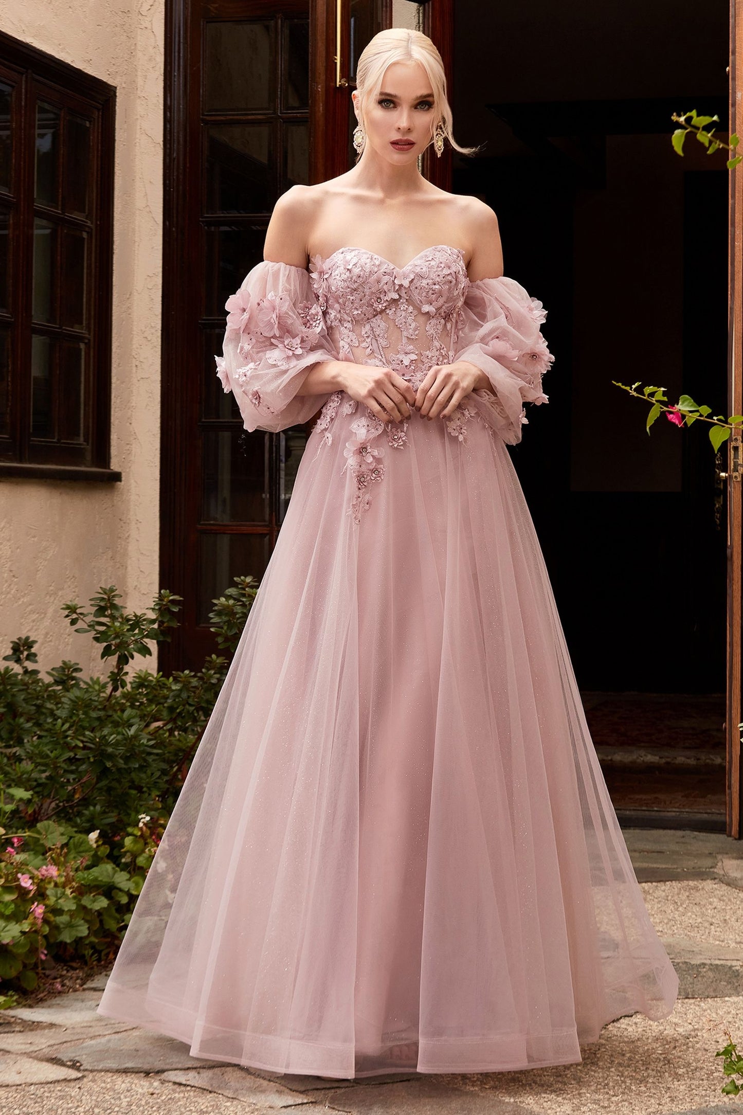 3D Floral Appliqué Off-Shoulder Tulle Gown – Romantic Glitter A-Line Formal Dress  CDCD962-2