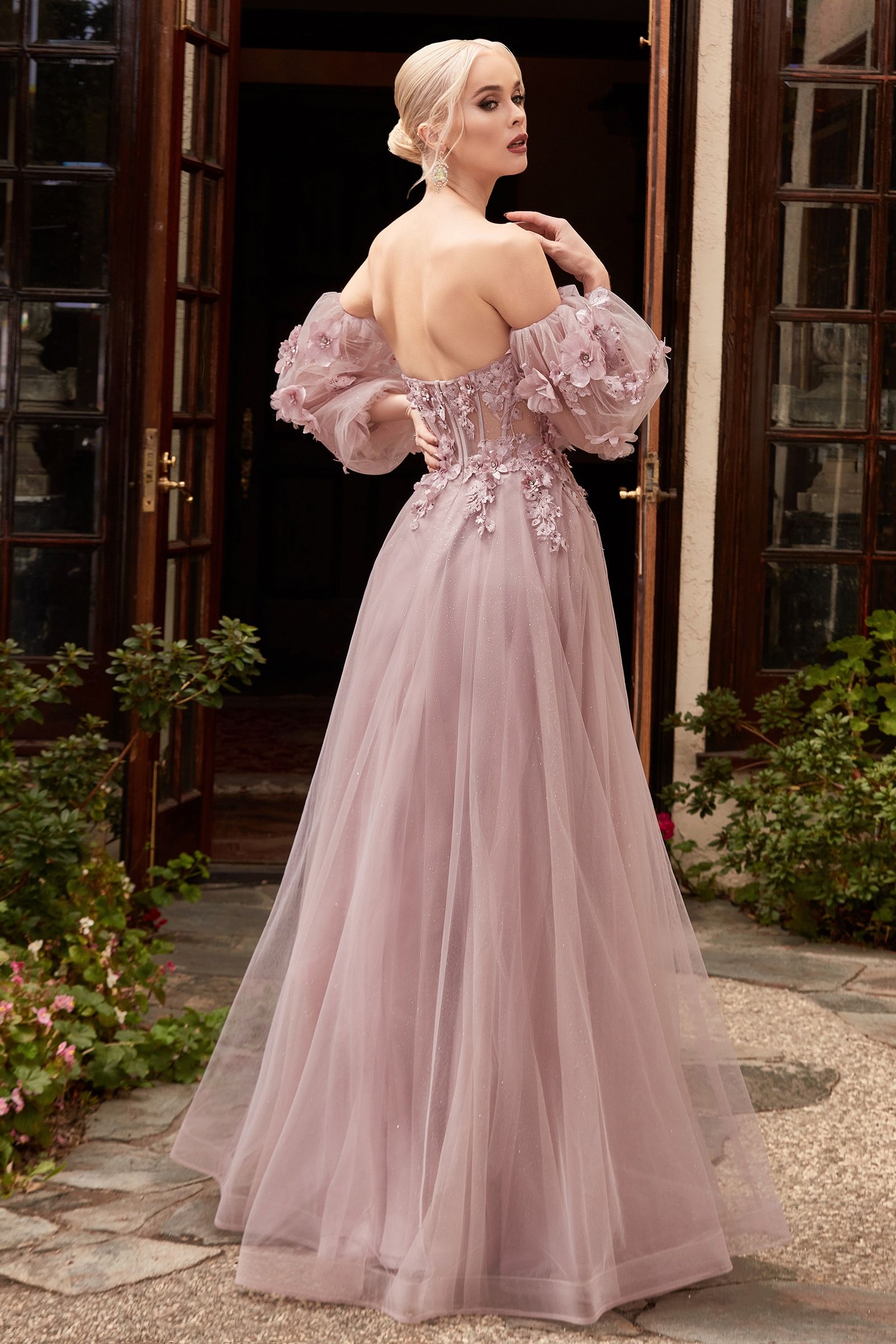 3D Floral Appliqué Off-Shoulder Tulle Gown – Romantic Glitter A-Line Formal Dress  CDCD962-1
