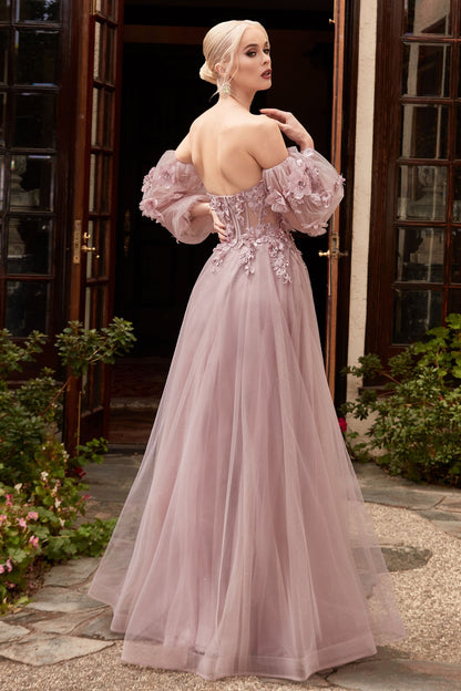 3D Floral Appliqué Off-Shoulder Tulle Gown – Romantic Glitter A-Line Formal Dress  CDCD962-1