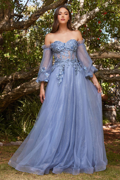 3D Floral Appliqué Off-Shoulder Tulle Gown – Romantic Glitter A-Line Formal Dress  CDCD962-4