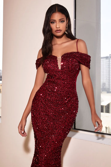 Black, Rose Gold, Wine, Emerald | Off-Shoulder Sequin Mermaid Gown with Deep V-NeckCDCD975-1