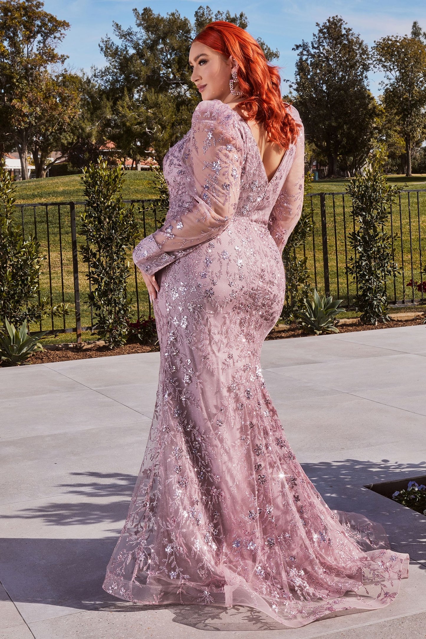 Emerald Green & Mauve Long Sleeve Embroidered Gown | Elegant Modest Formal Dress with V-Neckline  CDCD989-4
