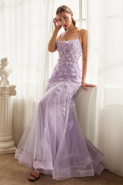 FITTED FLORAL APPLIQUE TULLE GOWN CDCD995-2