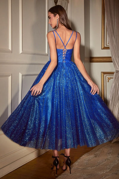 Black, Red, Royal Blue | Glitter Tulle Tea-Length Dress with Deep V-Neck & Spaghetti Straps  CDCD996T-4