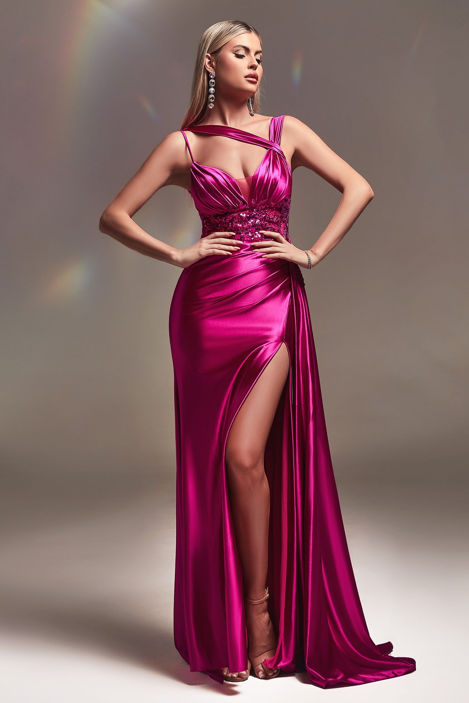 Black,Champagne,Emerald Green Satin Embellished Corset Gown – One-Shoulder Draped High Slit Formal Dress CDCDS415-5