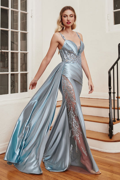 Emerald Green, Black, Ice Blue, Red Satin Illusion Gown with Beaded Bodice and Overskirt CDCDS417-0