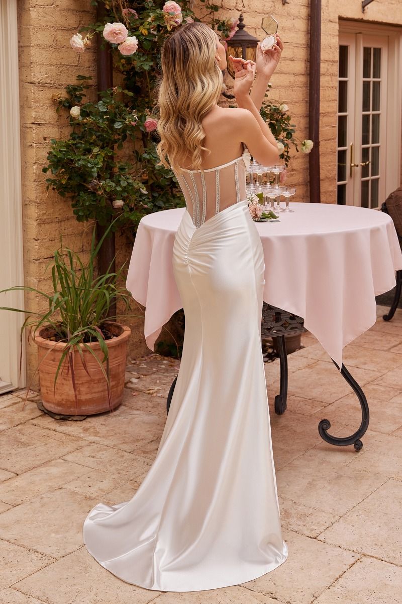 Embellished Satin Sheer Corset Strapless Embellished Jewel Long Wedding Dress CDCDS423W