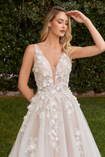 A-Line Open V-Back Removable Sheer Sleeves Long Wedding Dress CDCDS436W-2