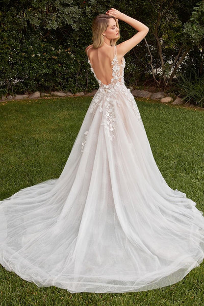 A-Line Open V-Back Removable Sheer Sleeves Long Wedding Dress CDCDS436W-1