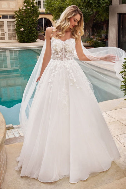 Layered Tulle Sweetheart Sheer Embroidered Lace Long Wedding Dress CDCDS437W