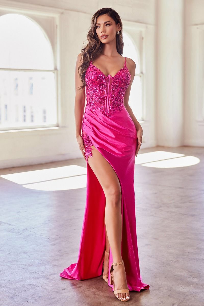 Stretch Satin Glitter & Lace Fitted Side Slit Long Evening Dress CDCDS439-6