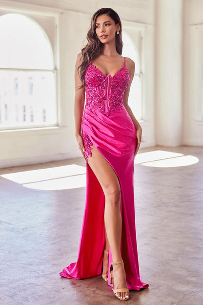 Stretch Satin Glitter & Lace Fitted Side Slit Long Evening Dress CDCDS439-6