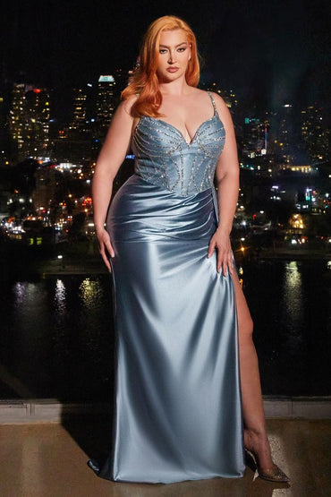 Sky Blue |  Royal Blue |  Emerald Green |  Champagne Plus Size Satin Gown with Beaded Corset & Slit CDCDS440C-1