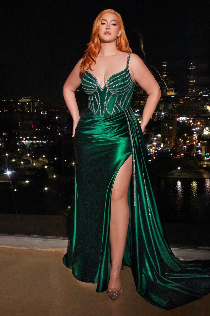 Sky Blue |  Royal Blue |  Emerald Green |  Champagne Plus Size Satin Gown with Beaded Corset & Slit CDCDS440C-5
