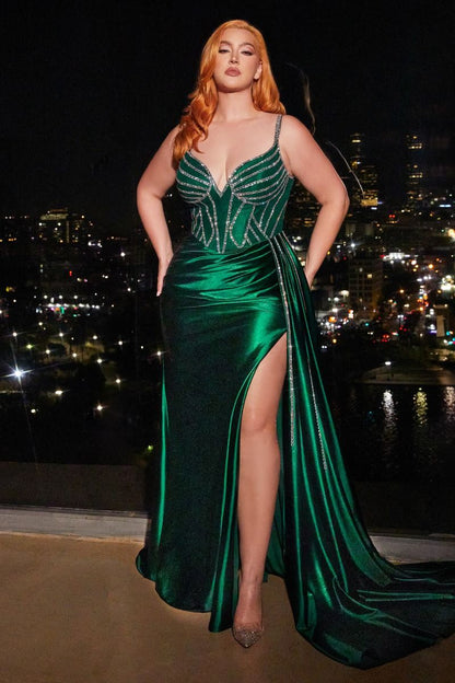 Sky Blue |  Royal Blue |  Emerald Green |  Champagne Plus Size Satin Gown with Beaded Corset & Slit CDCDS440C-5