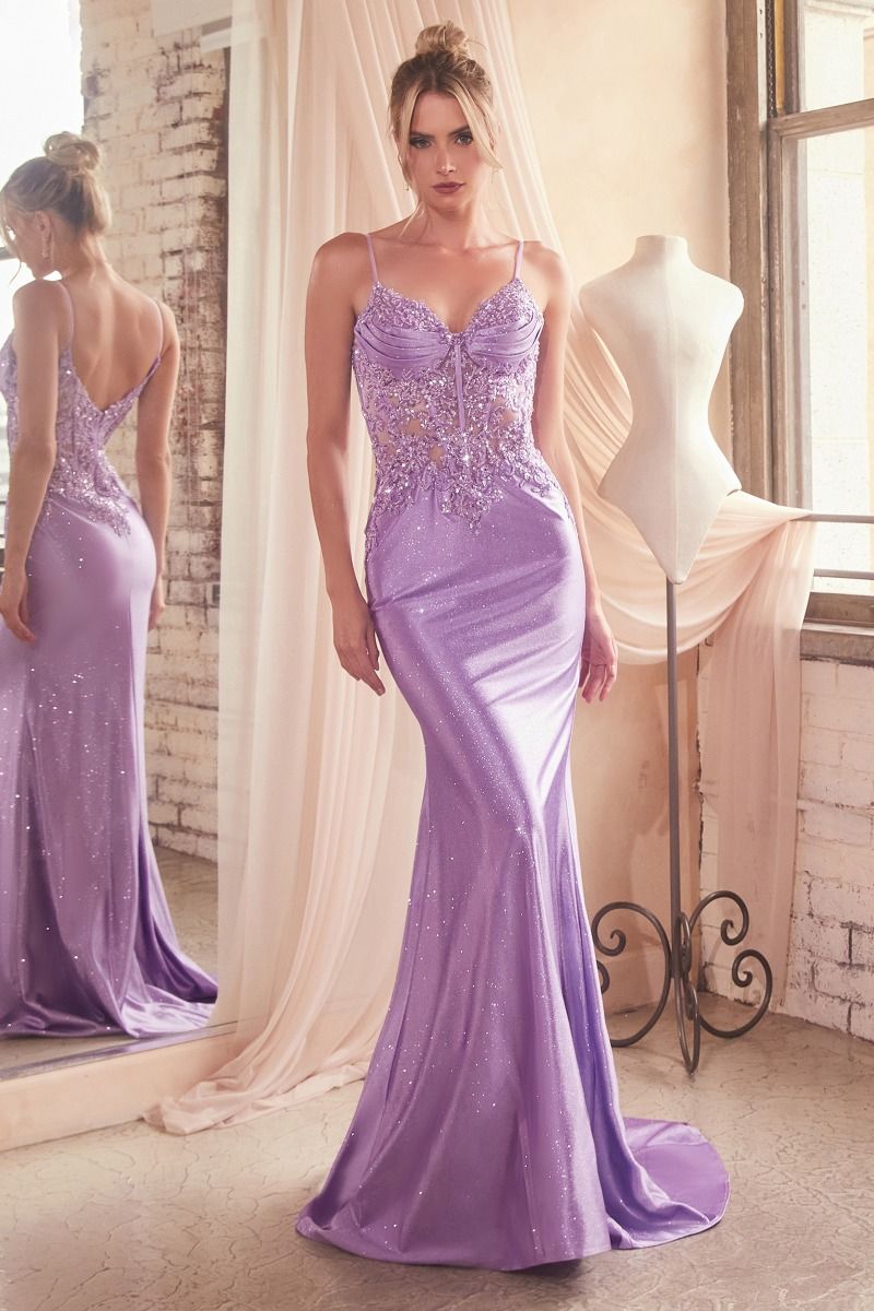 Alluring Glamorous Fitted Glitter Lace Stretch Satin Gala Gown - CDCDS450-6