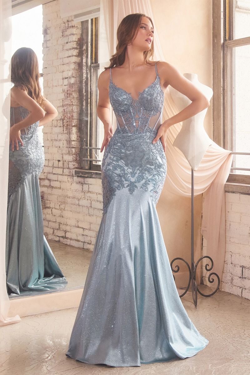 Ice Blue, Orange, Hot Pink | Lace Embroidered Mermaid Gown with Sheer Corset Bodice & Spaghetti Straps CDCDS470-0
