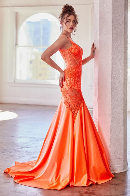 Ice Blue, Orange, Hot Pink | Lace Embroidered Mermaid Gown with Sheer Corset Bodice & Spaghetti Straps CDCDS470-2