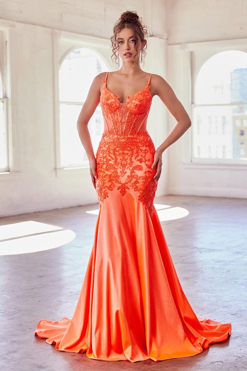 Ice Blue, Orange, Hot Pink | Lace Embroidered Mermaid Gown with Sheer Corset Bodice & Spaghetti Straps CDCDS470-1