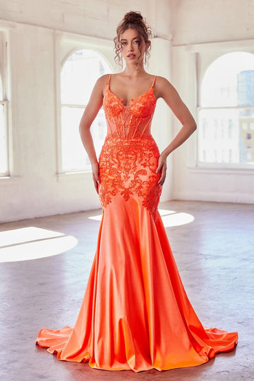 Ice Blue, Orange, Hot Pink | Lace Embroidered Mermaid Gown with Sheer Corset Bodice & Spaghetti Straps CDCDS470-1
