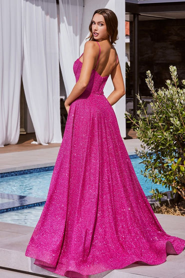 Hot Pink, Sky Blue | Glitter A-Line Gown with Corset Bodice & Spaghetti Straps  CDCDS483-1