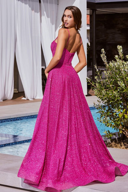 Hot Pink, Sky Blue | Glitter A-Line Gown with Corset Bodice & Spaghetti Straps  CDCDS483-1