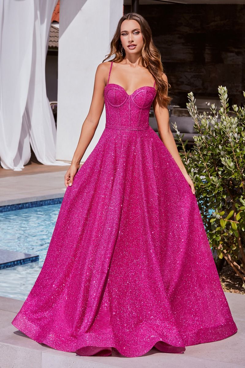 Hot Pink, Sky Blue | Glitter A-Line Gown with Corset Bodice & Spaghetti Straps  CDCDS483-0