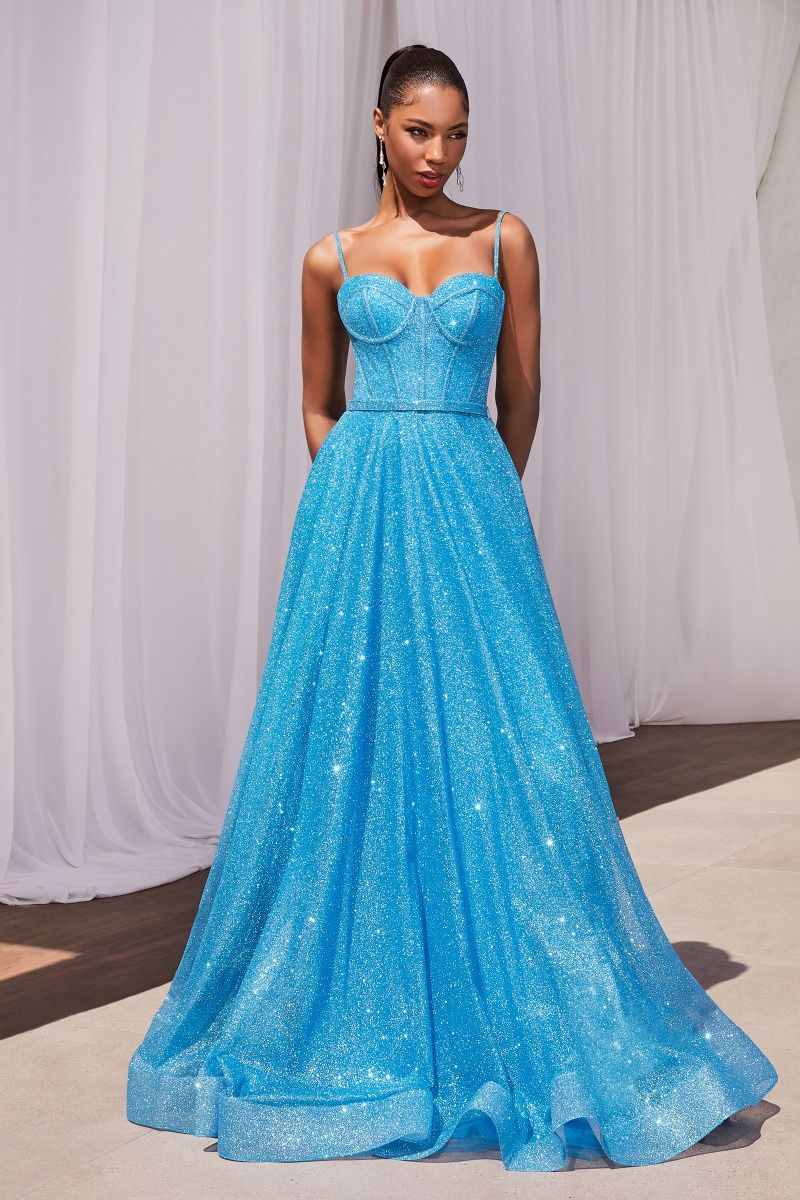 Hot Pink, Sky Blue | Glitter A-Line Gown with Corset Bodice & Spaghetti Straps  CDCDS483-2