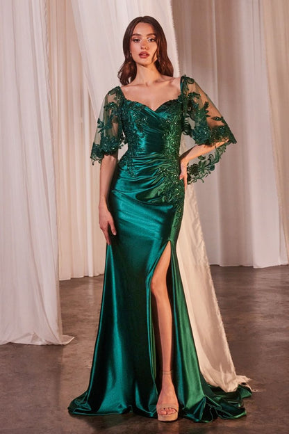 STRETCH SATIN FITTED DRESS & REMOVABLE LACE CAPLET CDCDS499-8