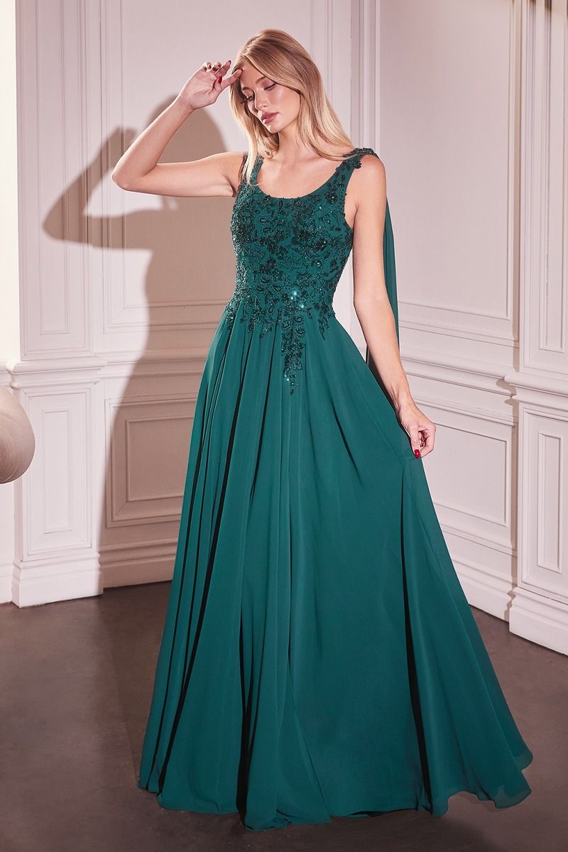 Sage Green Chiffon Gown with Embroidered Bodice and Side Slit  CDCDS509-2