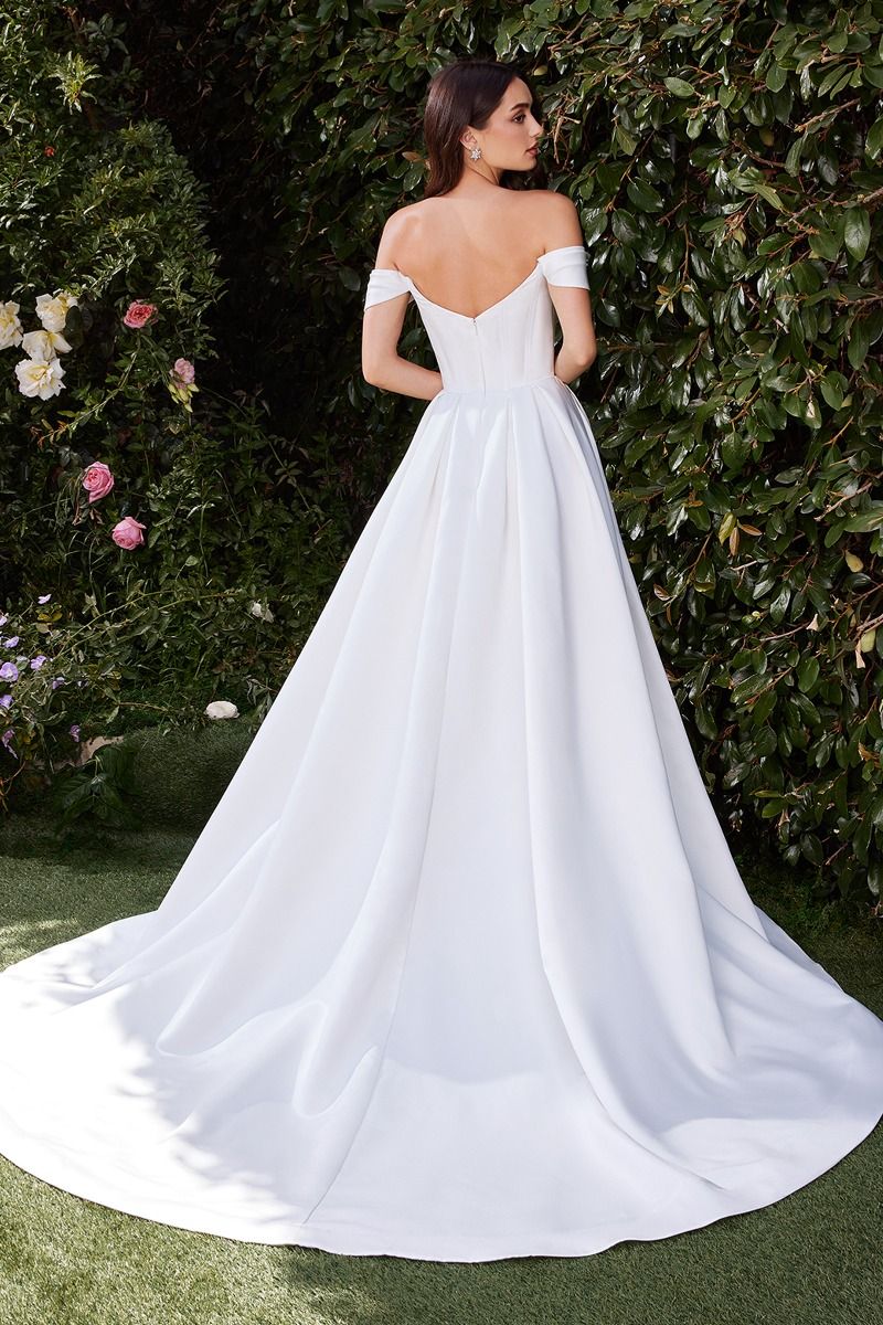 Off-Shoulder Satin Corset Wedding Gown with Flowing A-Line Skirt CDCDS513W-3