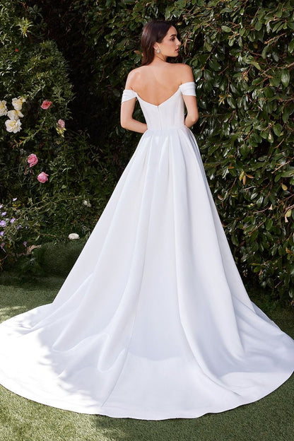 Off-Shoulder Satin Corset Wedding Gown with Flowing A-Line Skirt CDCDS513W-3