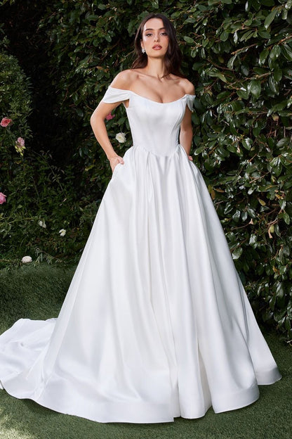 Off-Shoulder Satin Corset Wedding Gown with Flowing A-Line Skirt CDCDS513W-1