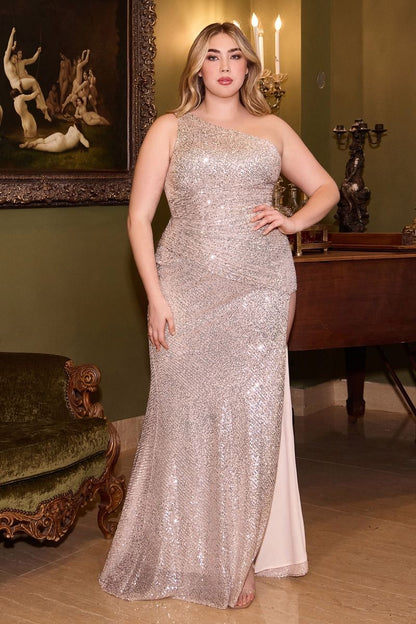 Fitted One Shoulder Side Slit Sequin Plus Size Long Evening Dress CDCH077C