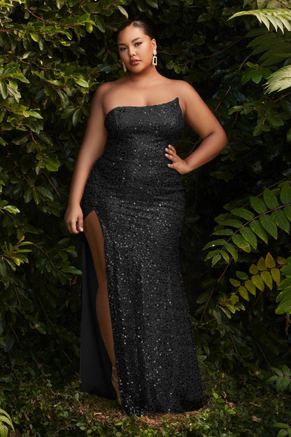 Asymmetrical Embellished Sequin Strapless Curvy Fit Long Prom Dress CDCH165C-0