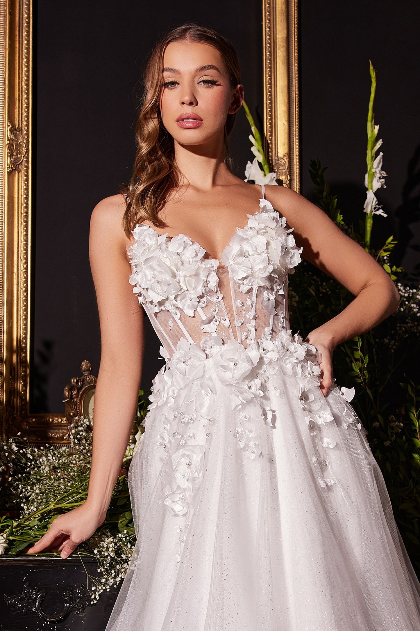 FLORAL APPLIQUE A-LINE TULLE BRIDAL GOWN CDCM321W-2