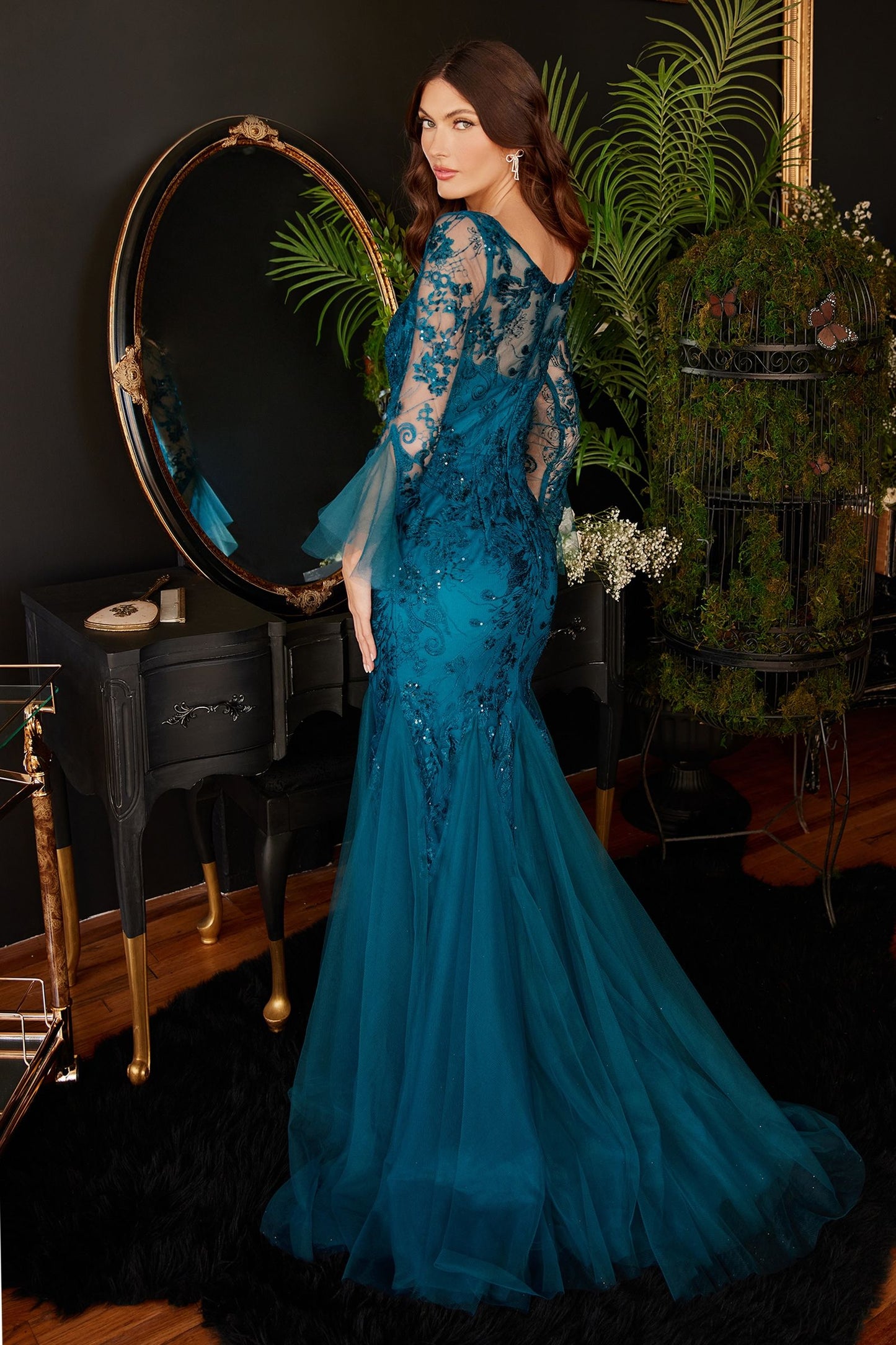 Mermaid Bell sleeve Sheer Back Bodice Sensual Flattering Long Mother of Bride Dress CDCM327 Sale-1
